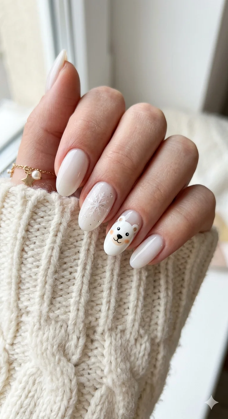 Milky Off-White Polar Bear Snowflake Nails Milky Off-White Polar Bear Snowflake Nails — Winter Nails for Kids