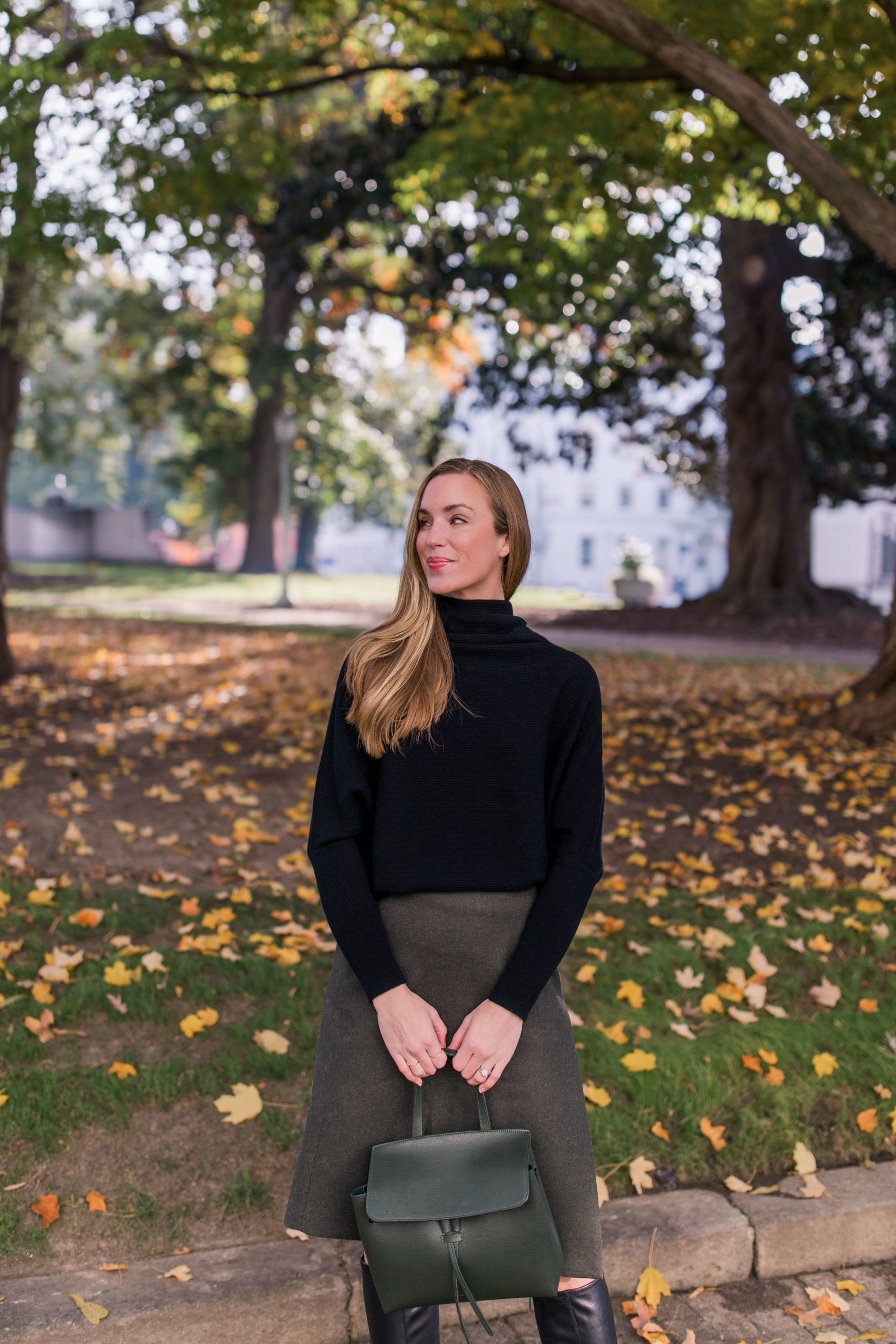 Black Turtleneck Sweater with Olive Green A-Line Skirt Black Turtleneck Sweater with Olive Green A-Line Skirt — Sweater Outfits