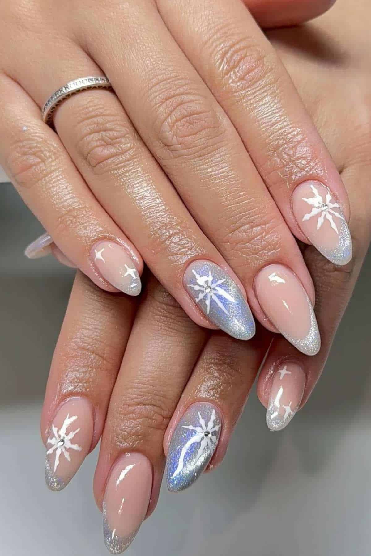 Sheer Nude Snowflake Art with Glitter Tips — Winter Acrylic Nails