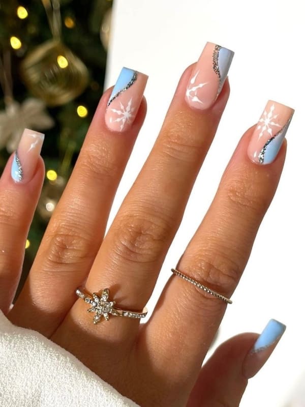 Medium Pale Pink Light Blue Snowflake Glitter Stripe Square Nails Medium Pale Pink Light Blue Snowflake Glitter Stripe Square Nails — Winter Coffin Nails