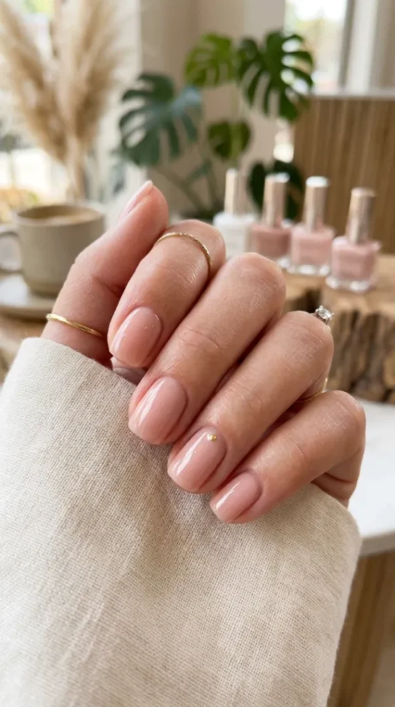 Pale Pink Nude Gold Stud Squoval Nails Pale Pink Nude Gold Stud Squoval Nails — Classy Simple Nail Designs