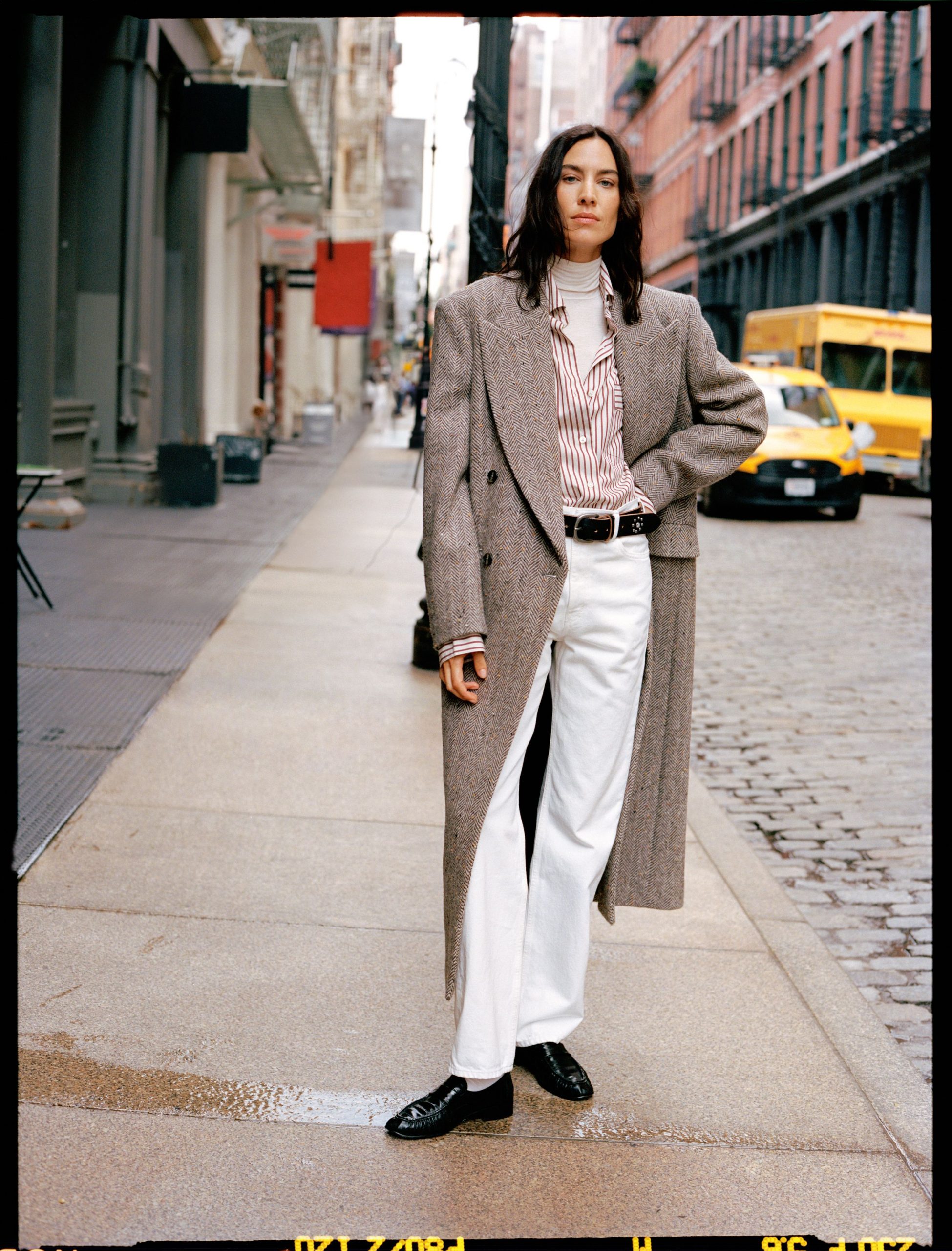 Oversized Herringbone Coat with Wide-Leg Pants — Wool Coat Outfits