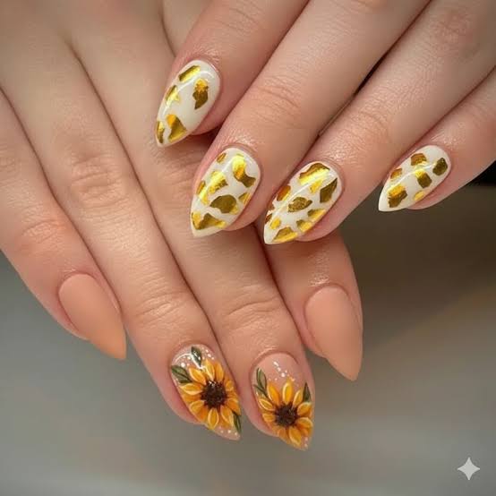 Medium Almond Nude Sunflower Gold Foil Nails Medium Almond Nude Sunflower Gold Foil Nails — Yellow Nail Designs
