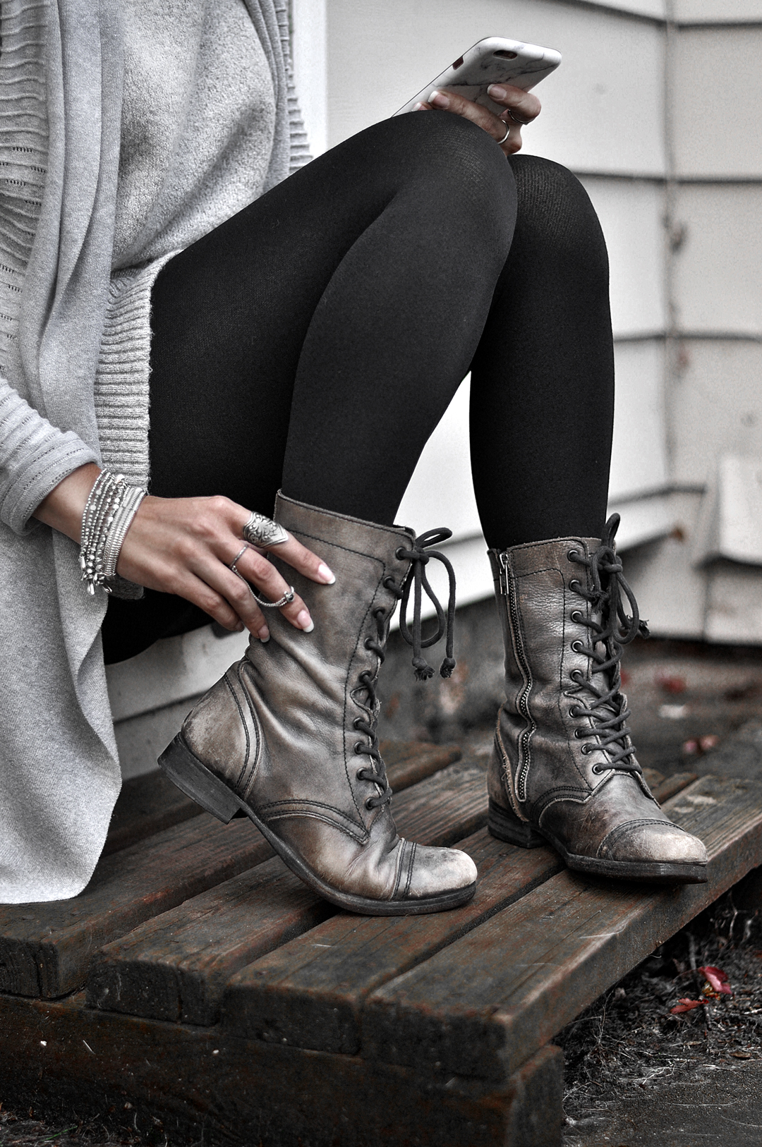 Edgy Casual Texture: Black Opaque Tights with Distressed Boots — Tights Outfits
