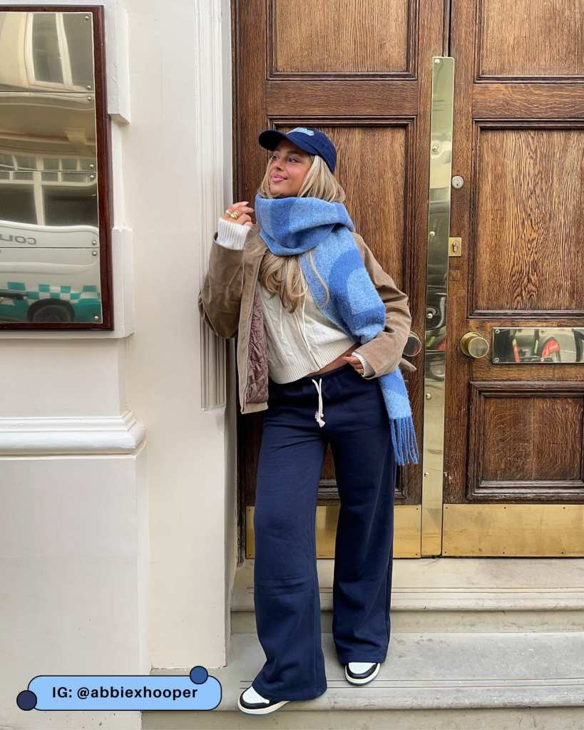 Cozy Layers: Navy Wide-Leg Sweatpants with Cable-Knit Sweater and Scarf — Sweatpants Outfits