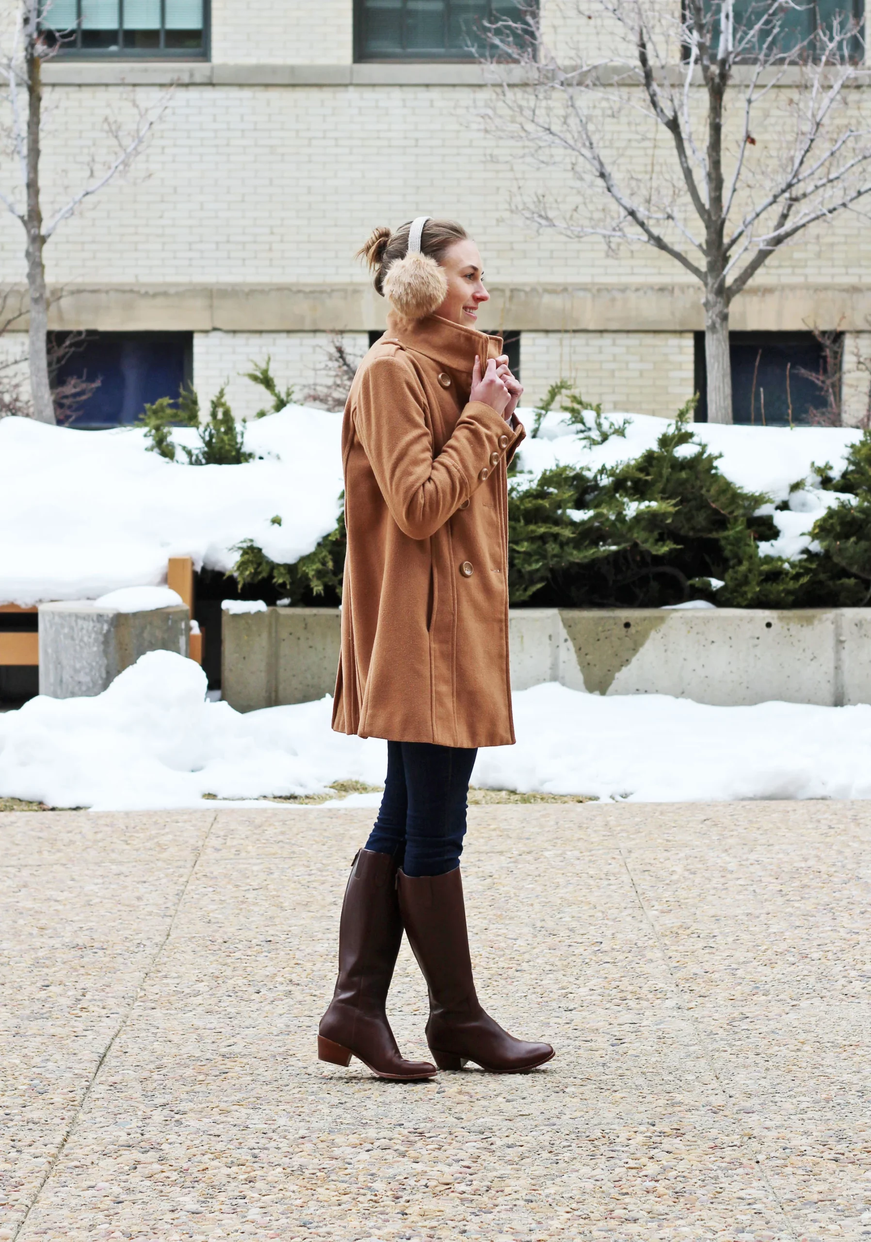 Classic Camel Coat and Knee-High Boots — Earmuffs Outfits