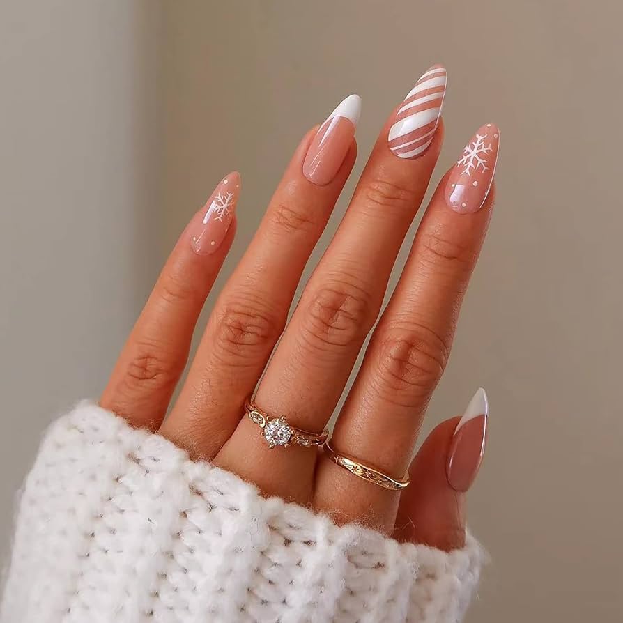 Pink White Winter Art Almond Nails Pink White Winter Art Almond Nails — Medium Length Winter Nails