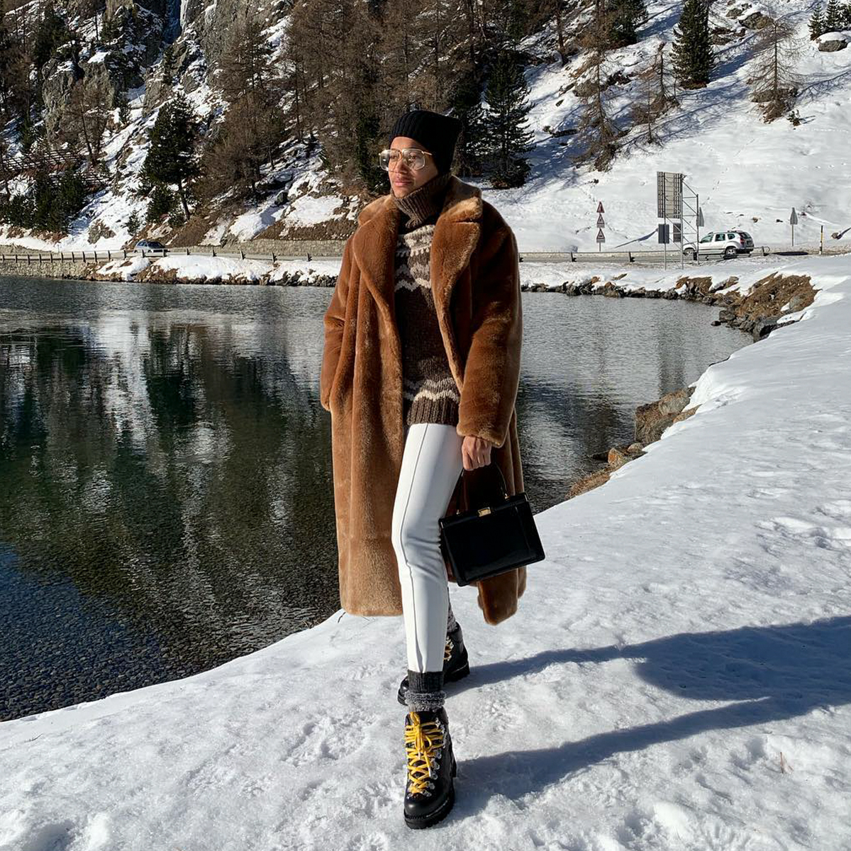 Brown Faux Fur Coat over Patterned Sweater Brown Faux Fur Coat over Patterned Sweater — Apres Ski Outfits