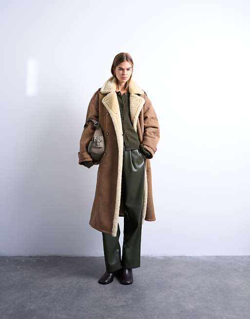 Brown and Cream Shearling Coat with Green Leather Trousers — Shearling Coat Outfits