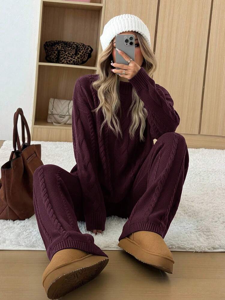 Matching Knit Set: Burgundy Loungewear with Ugg-Style Boots — Comfy Winter Outfits