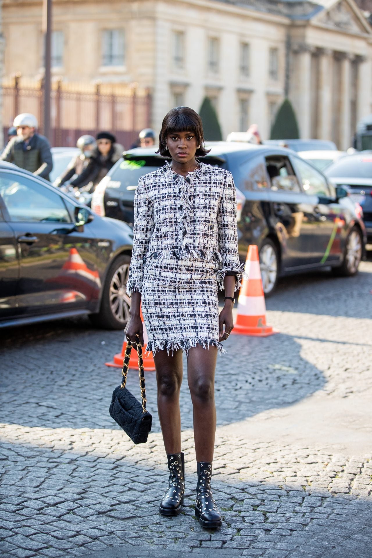 Polished Separates: Tweed Set and Studded Ankle Boots Polished Separates: Tweed Set and Studded Ankle Boots — Black Boots Outfits