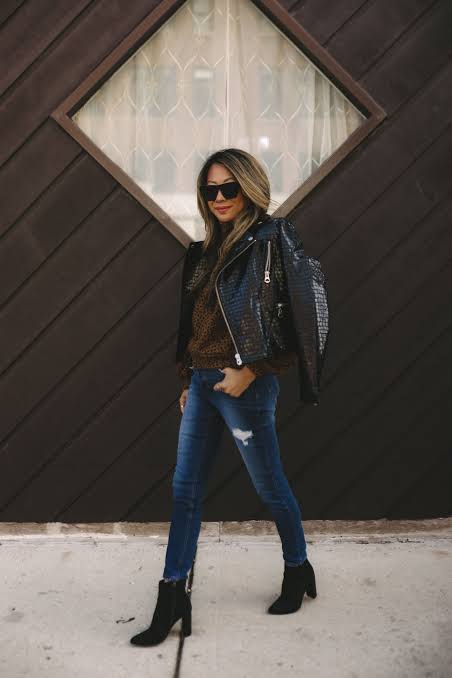 Textured Jacket over Leopard Print and Jeans: Edgy Fall Casual — Fall to Winter Outfits