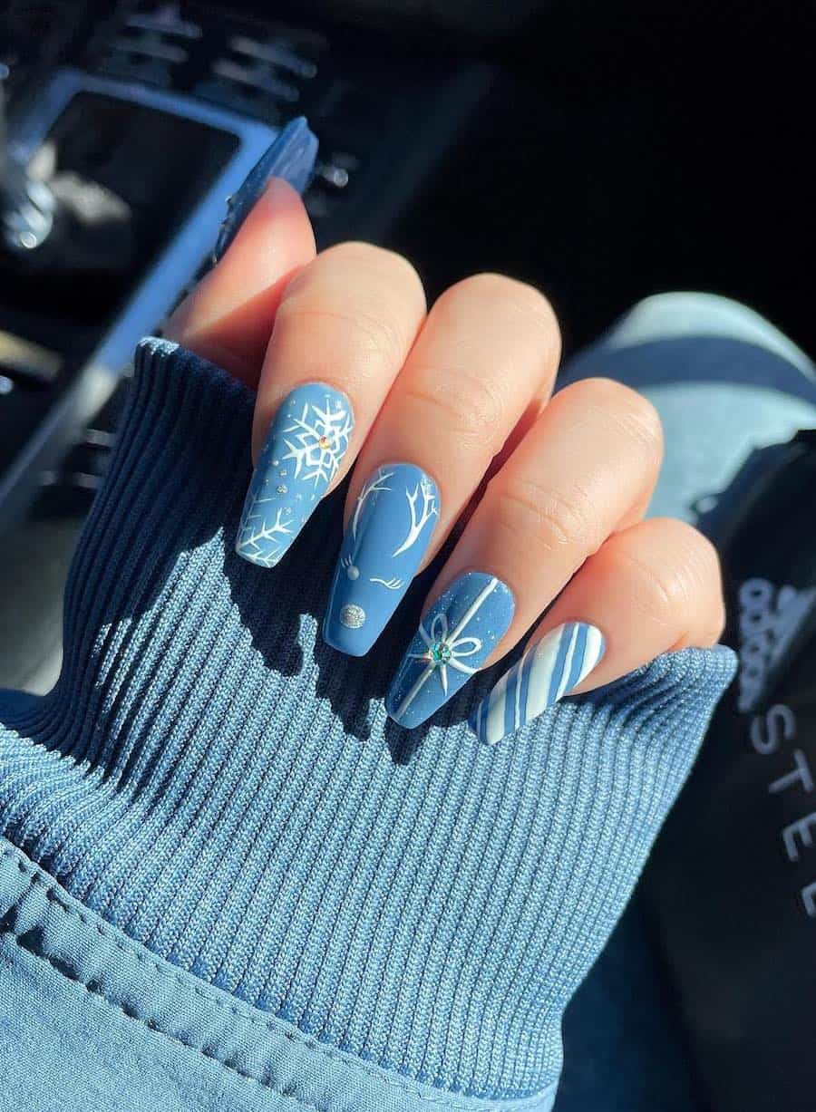 Long Matte Blue Winter Motif Coffin Nails Long Matte Blue Winter Motif Coffin Nails — Winter Coffin Nails