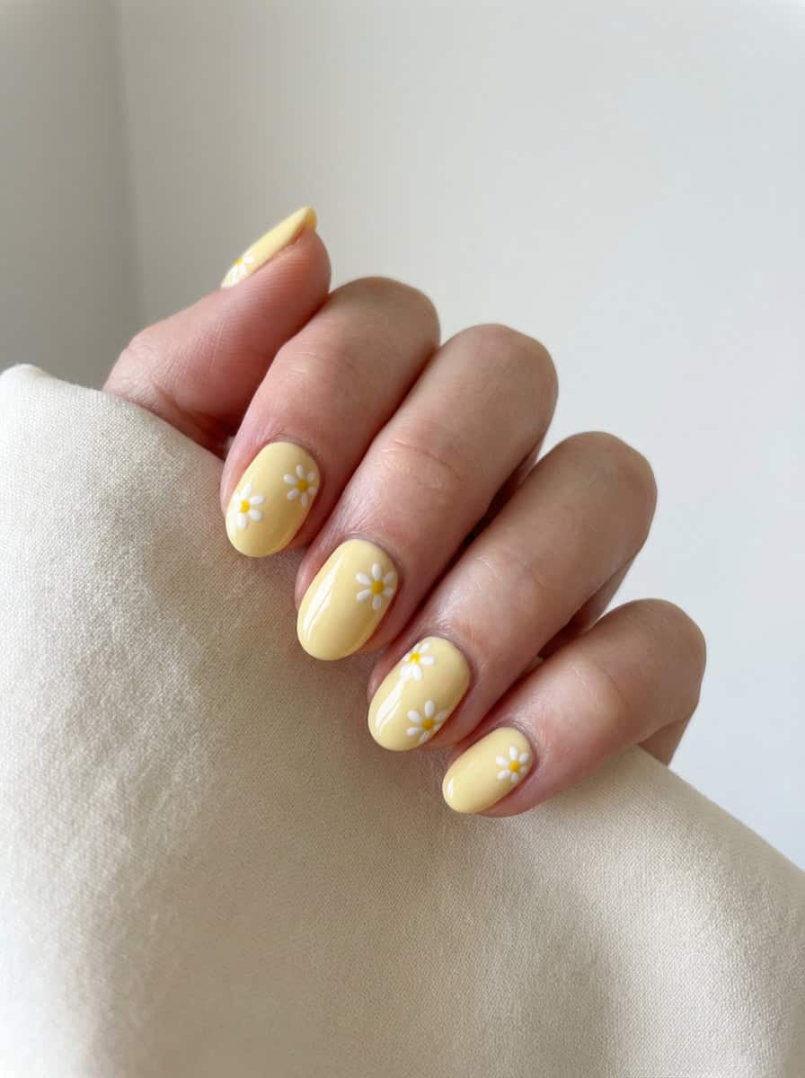 Medium Oval Pale Yellow White Daisy Nails Medium Oval Pale Yellow White Daisy Nails — Yellow Nail Designs