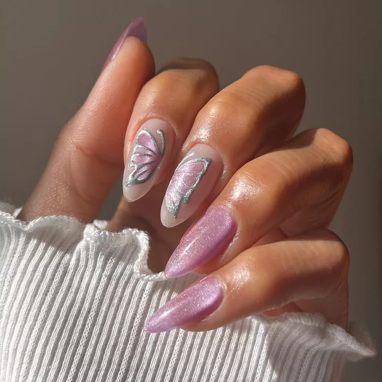 Pink Pearlescent Butterfly Stiletto Pink Pearlescent Butterfly Stiletto — Velvet Nails