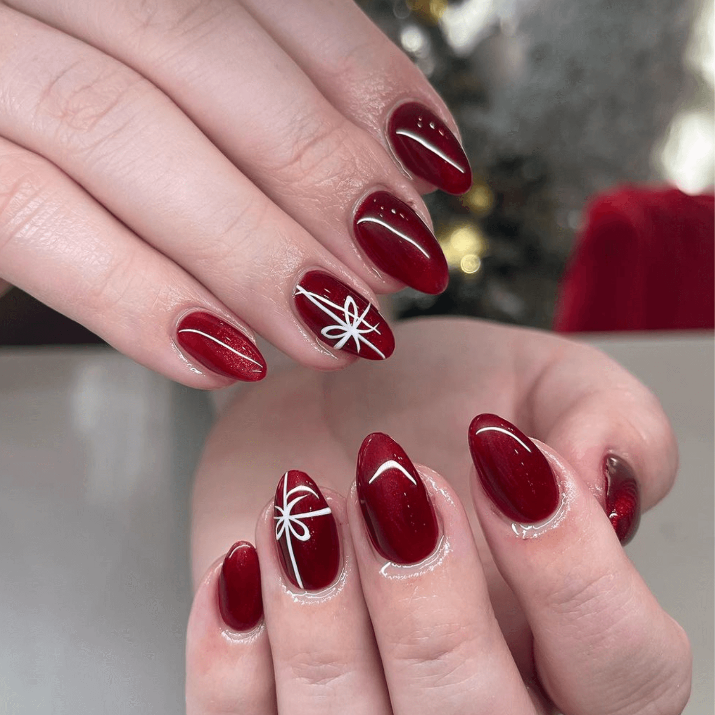 White Bow Art On Accent Nails Visual Idea — Winter Gel Nails