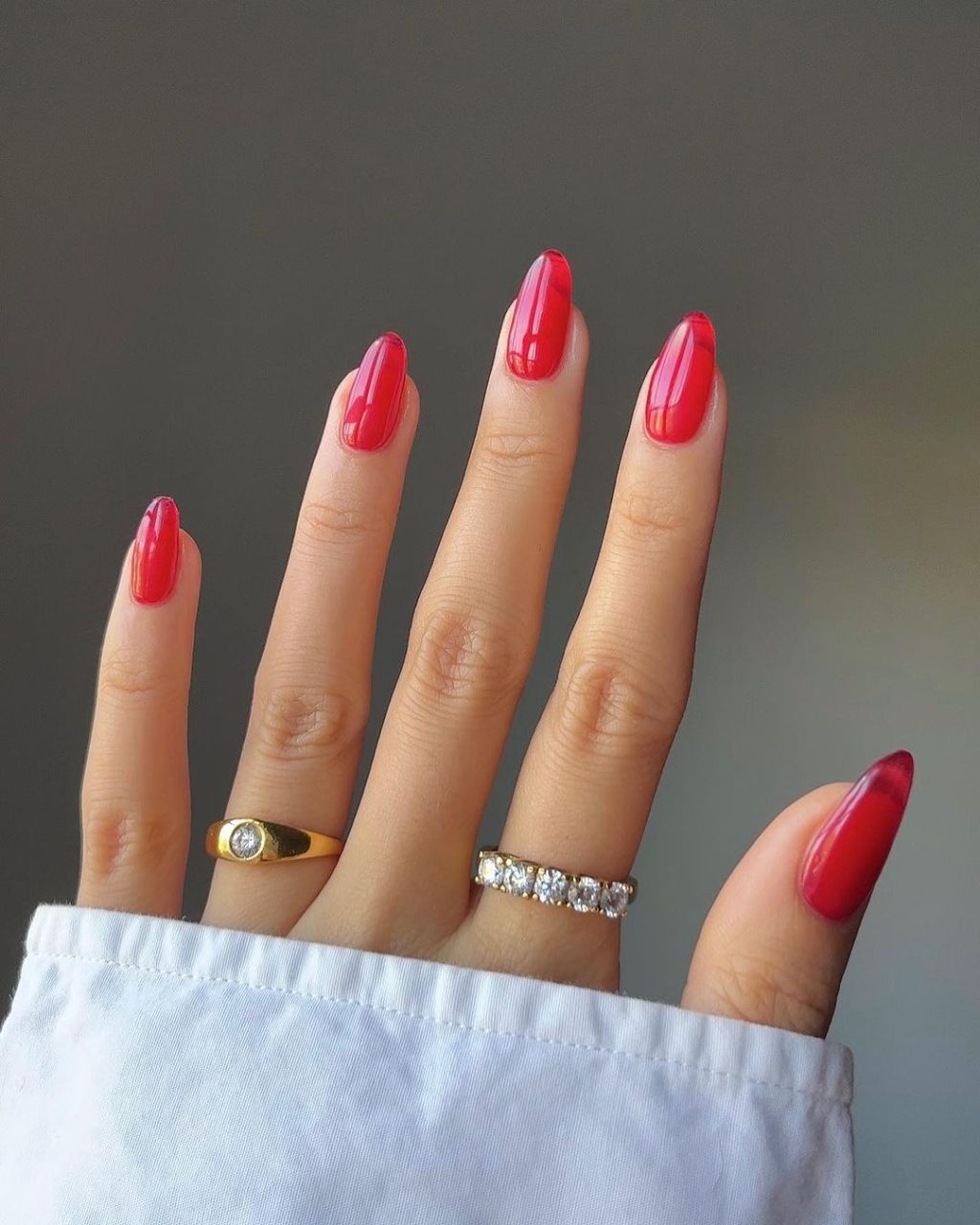 Vibrant Red Plaid Snowflake Almond — Winter Red Nails