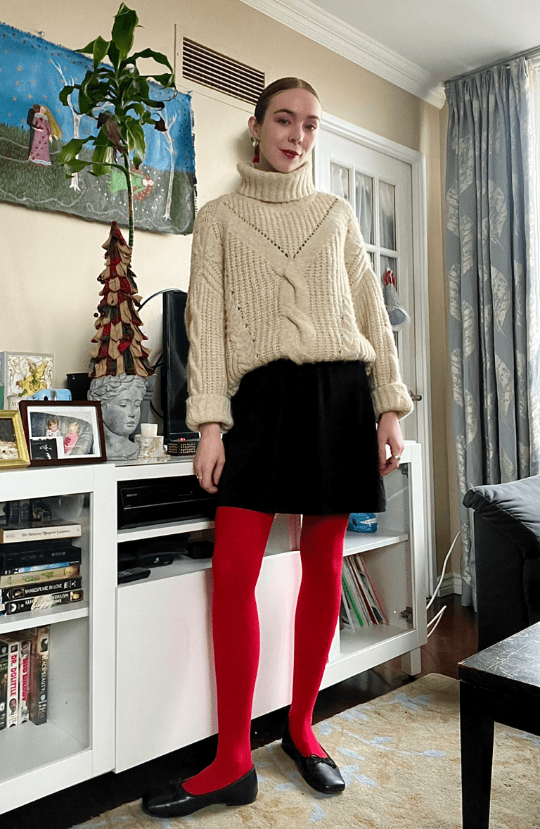 Striking Contrast: Red Tights with Cream Sweater and Black Skirt — Tights Outfits
