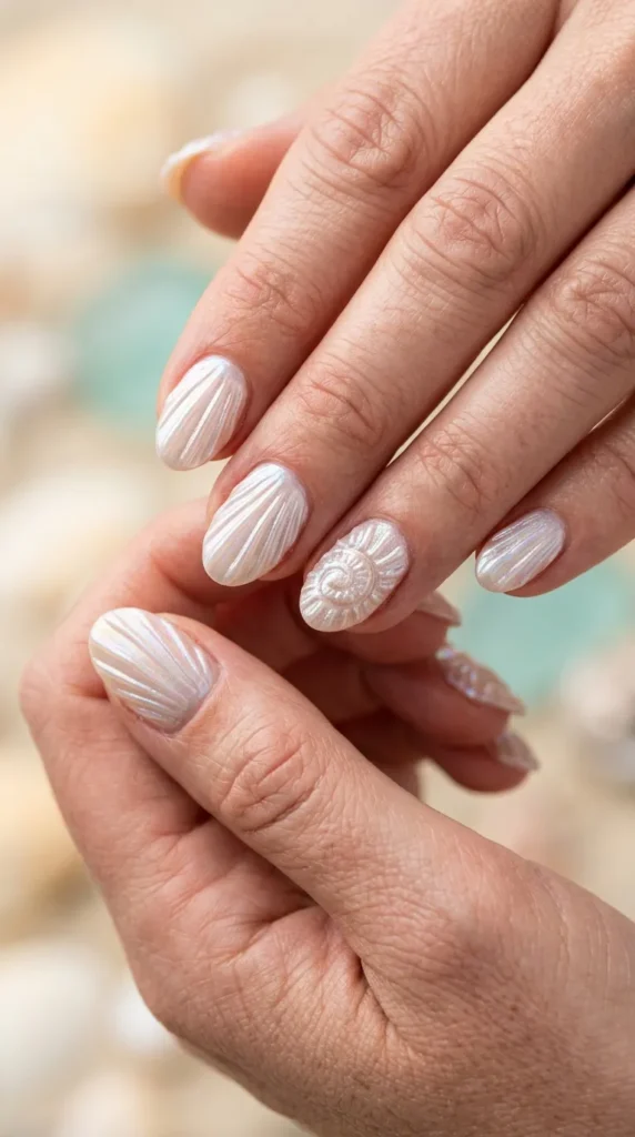 Opalescent Shell Texture Oval Nails Opalescent Shell Texture Oval Nails — Classy Simple Nail Designs