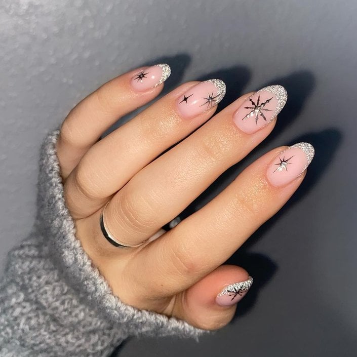 Sheer Pink Base Silver Glitter Visual Idea — Winter Nail Art