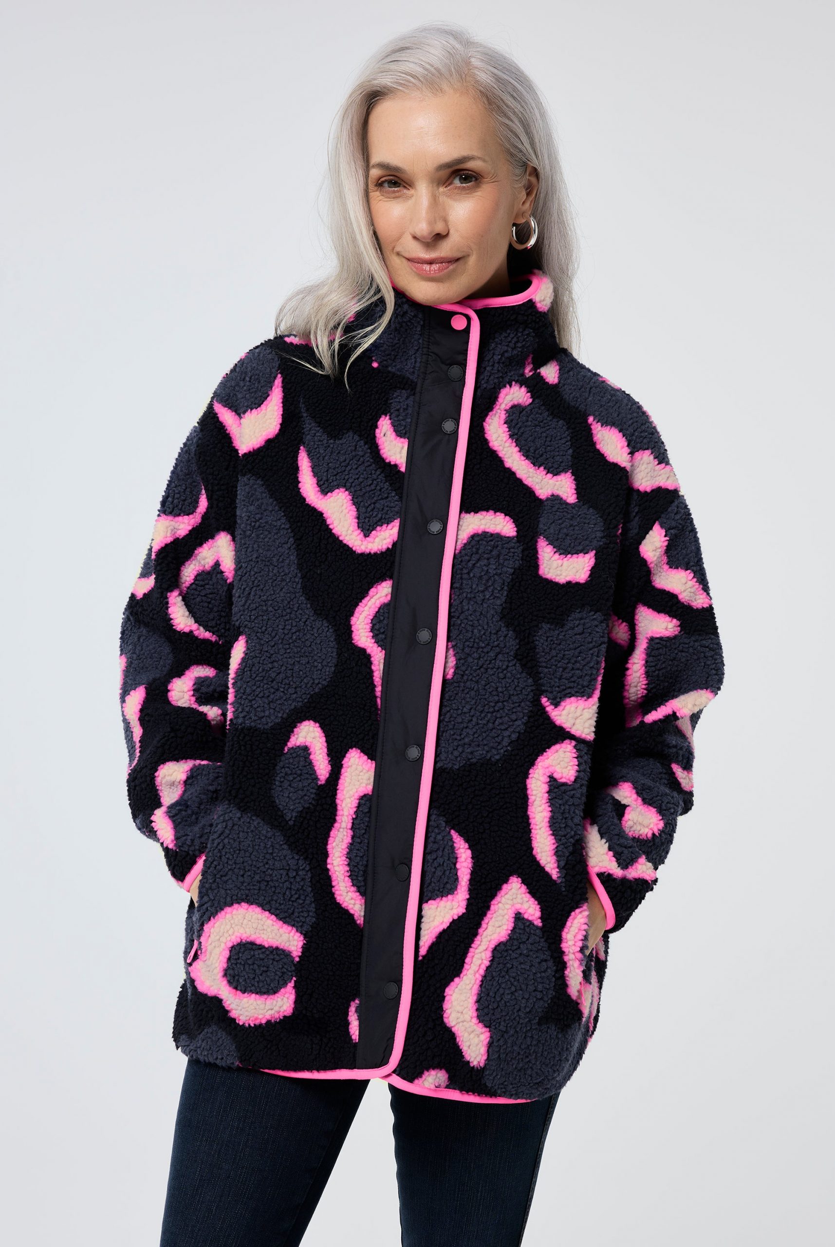 Bold Print: Leopard Fleece Jacket with Dark Trousers Bold Print: Leopard Fleece Jacket with Dark Trousers — Fleece Jacket Outfits