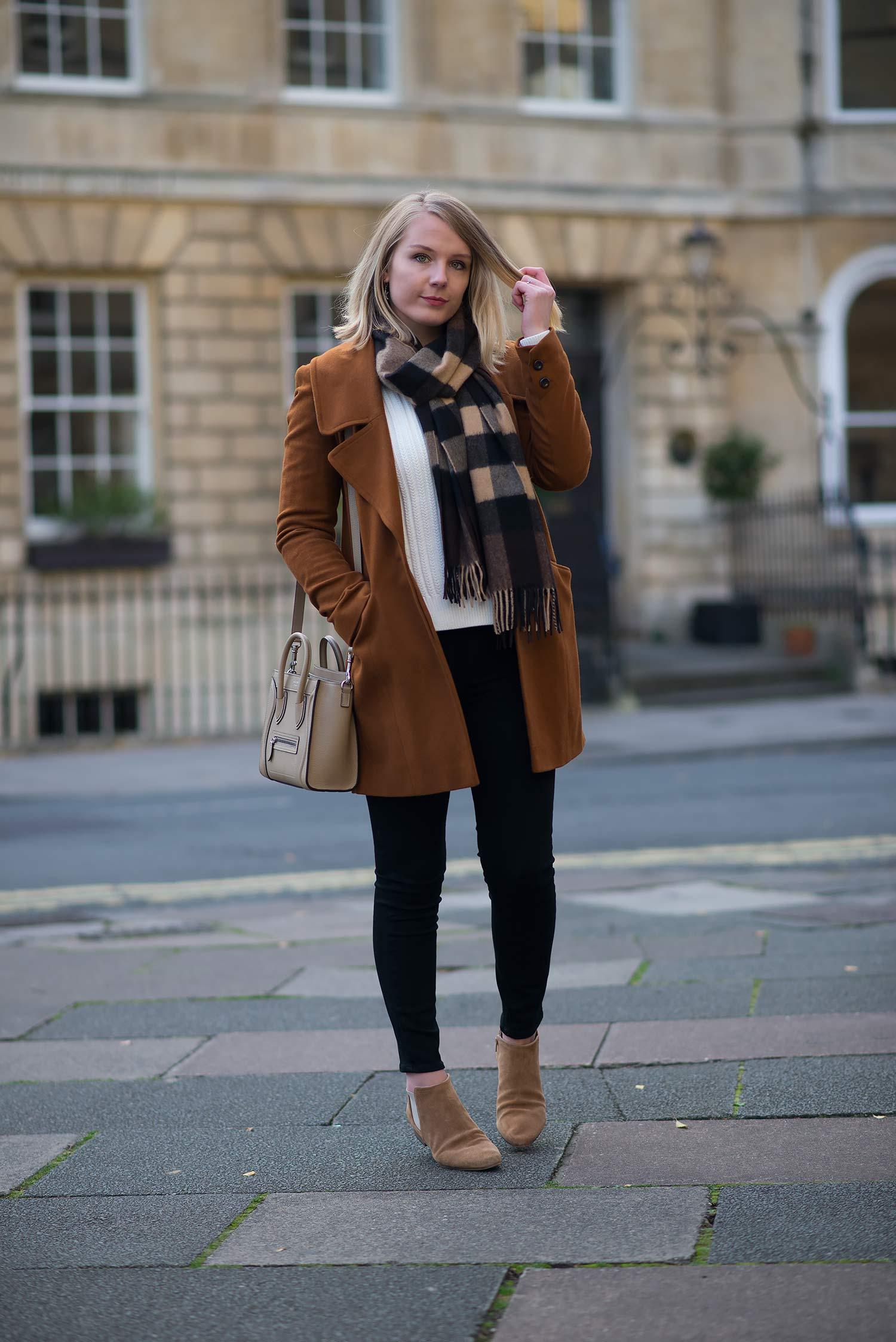 Tan Coat with Plaid Scarf for Classic Fall Style — Brown Coat Outfits