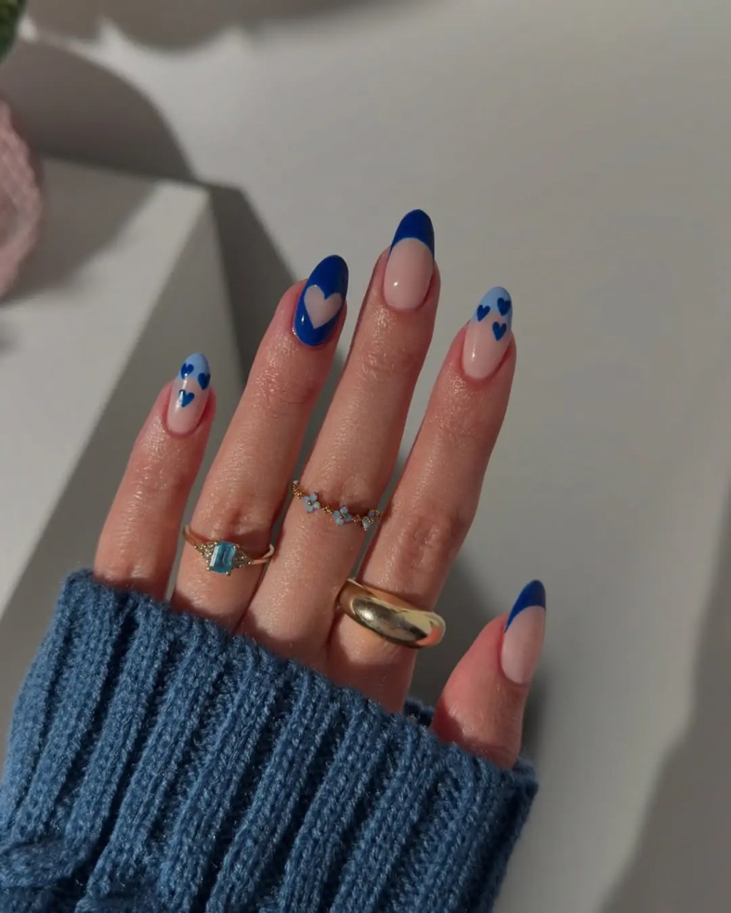 Royal Blue French Tips with Hearts — Blue Nail Inspo