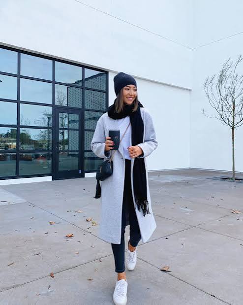 Beige Long Coat Over Denim Jacket and Ripped Jeans — Long Coat Outfits