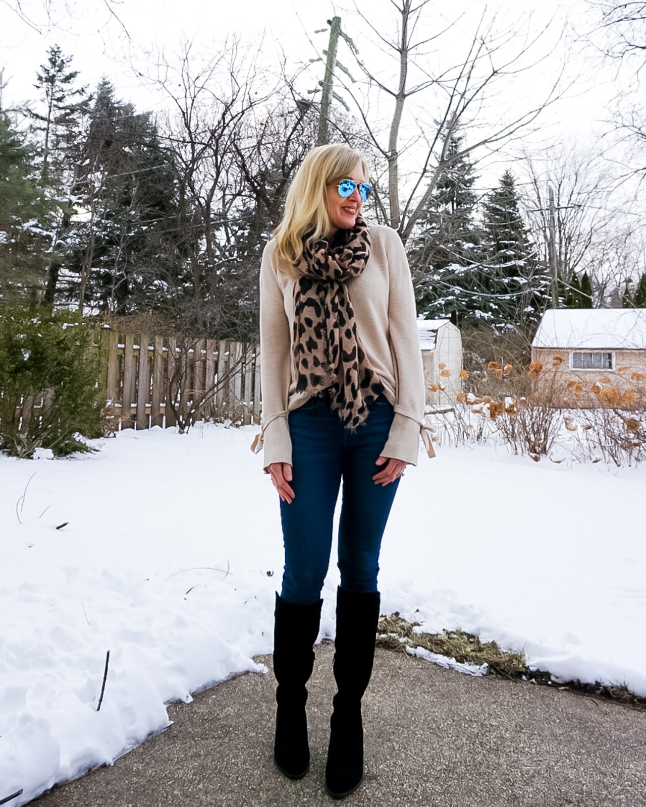 Black Suede Knee-High Boots with Leopard Scarf and Knit Sweater — Winter Boots Outfits