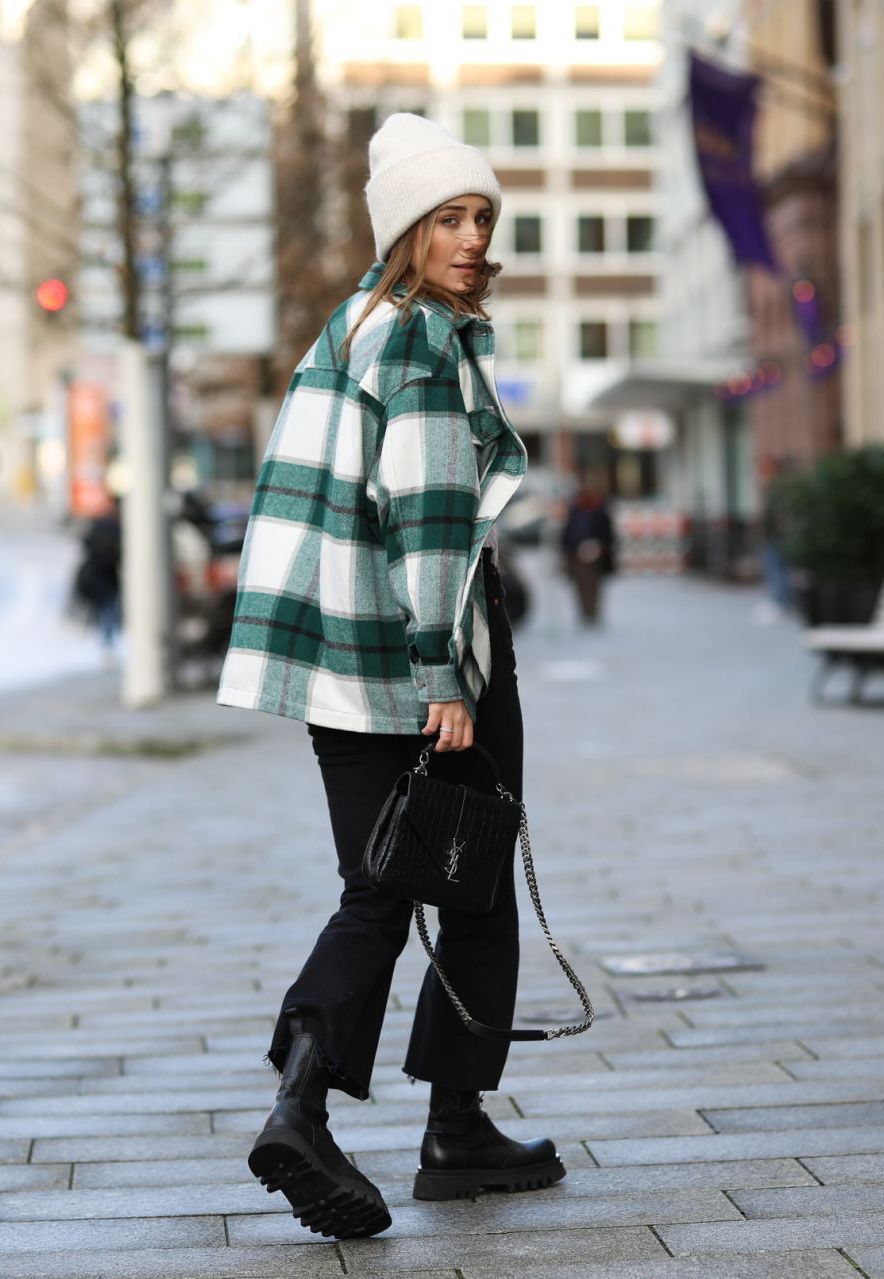 White Beanie with Plaid Shirt Jacket and Lug Sole Boots — Beanie Outfits