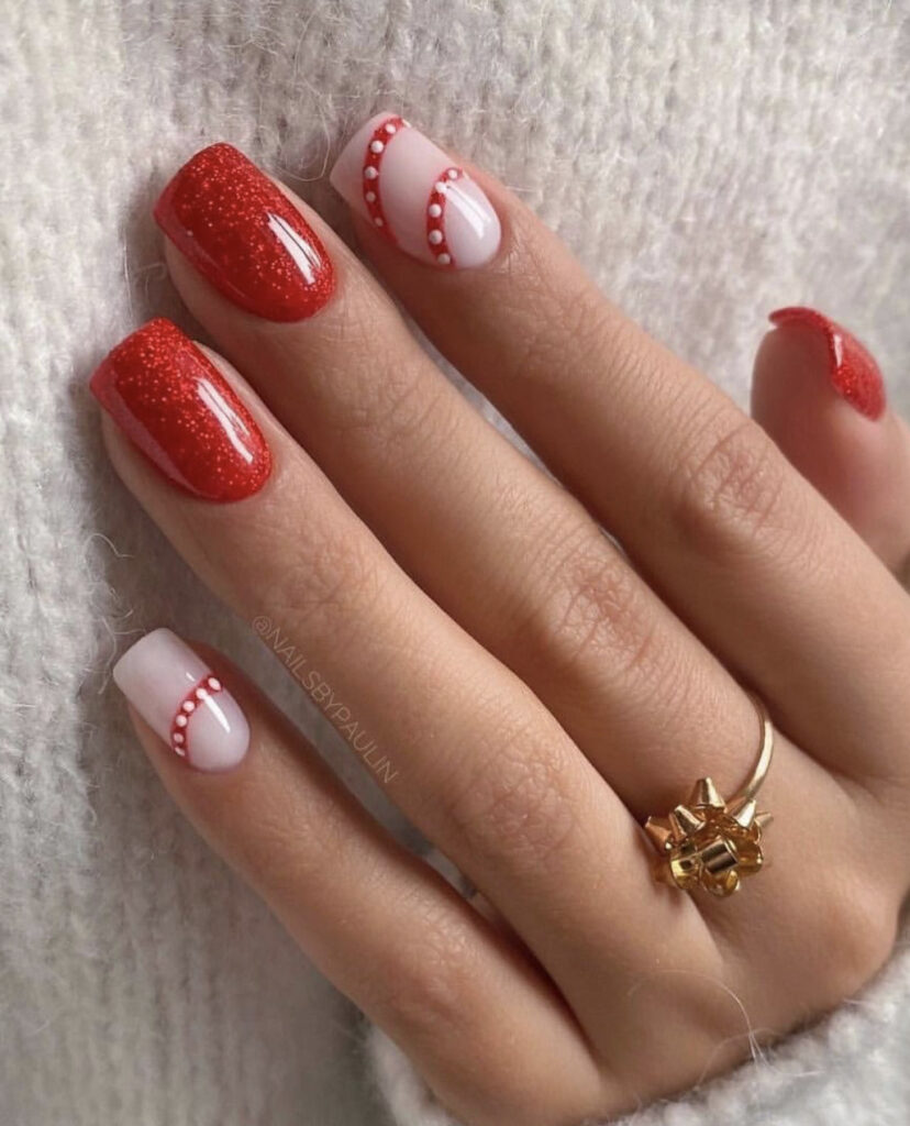 Vibrant Red Glitter With Nude Dot Accents — Short Winter Gel Nails