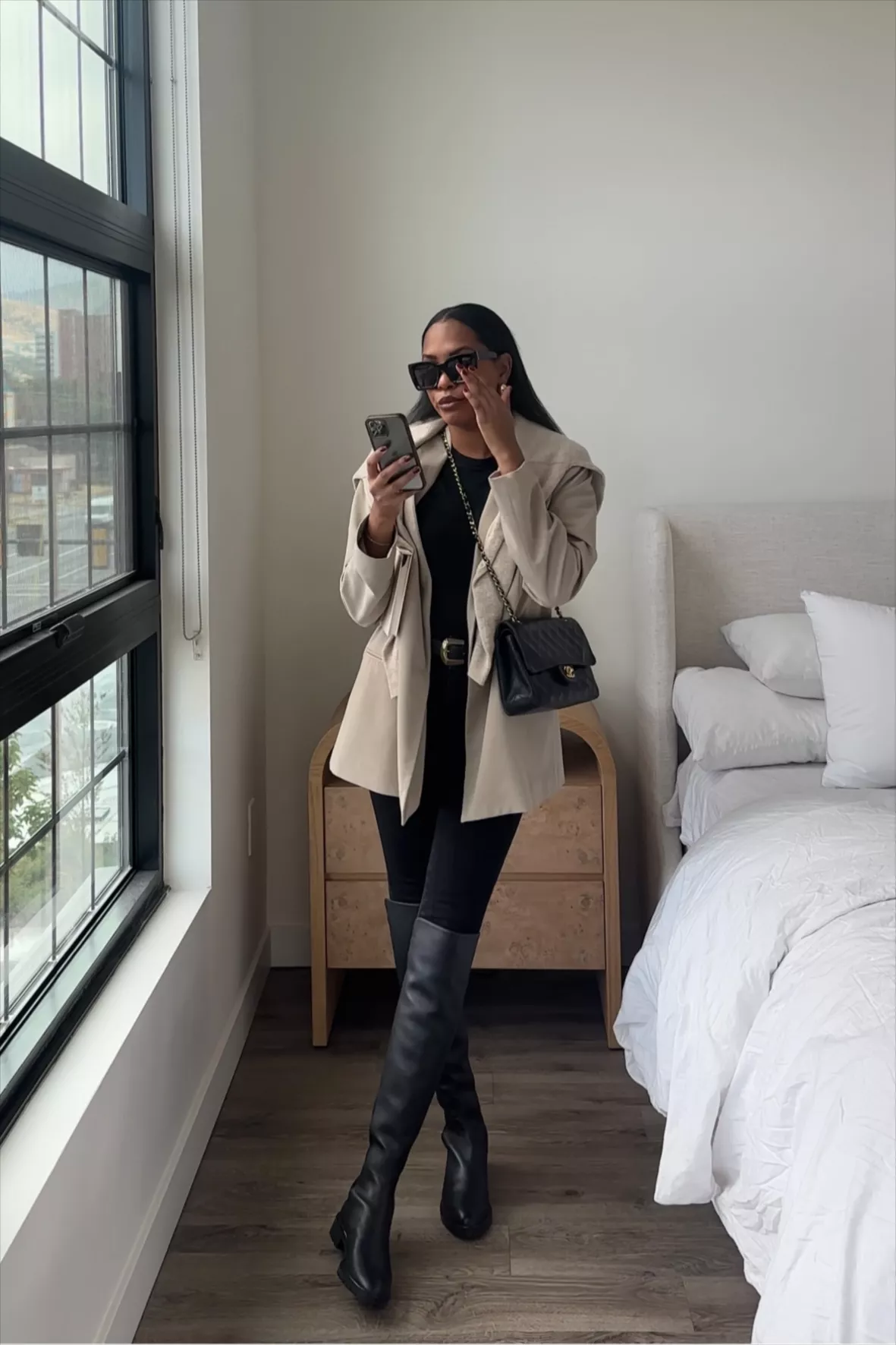 Black Over-the-Knee Boots with Beige Blazer and Leggings Black Over-the-Knee Boots with Beige Blazer and Leggings — Over the Knee Boots Outfits