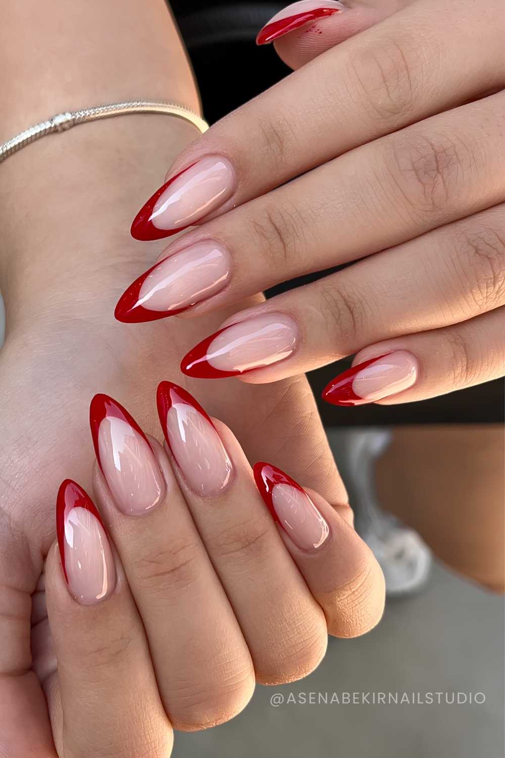 Clear Base Red French Tip Stiletto Nails Clear Base Red French Tip Stiletto Nails — Cherry Red Nails