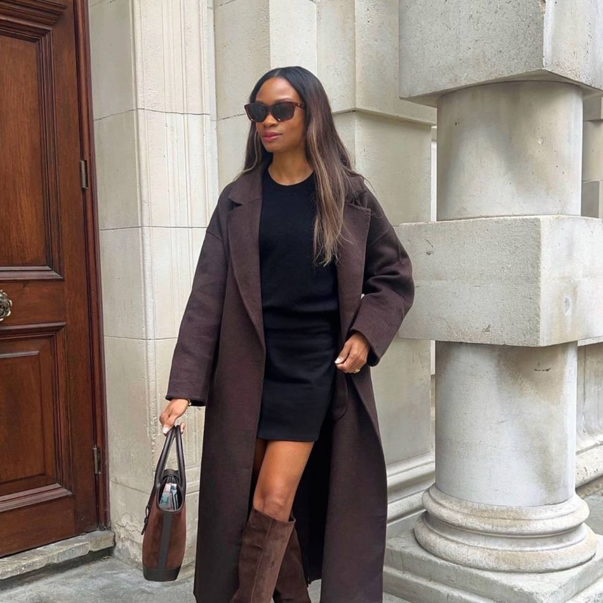 Chic Winter Outerwear: Brown Boots with Long Coat and Mini Dress — Brown Boots Outfits