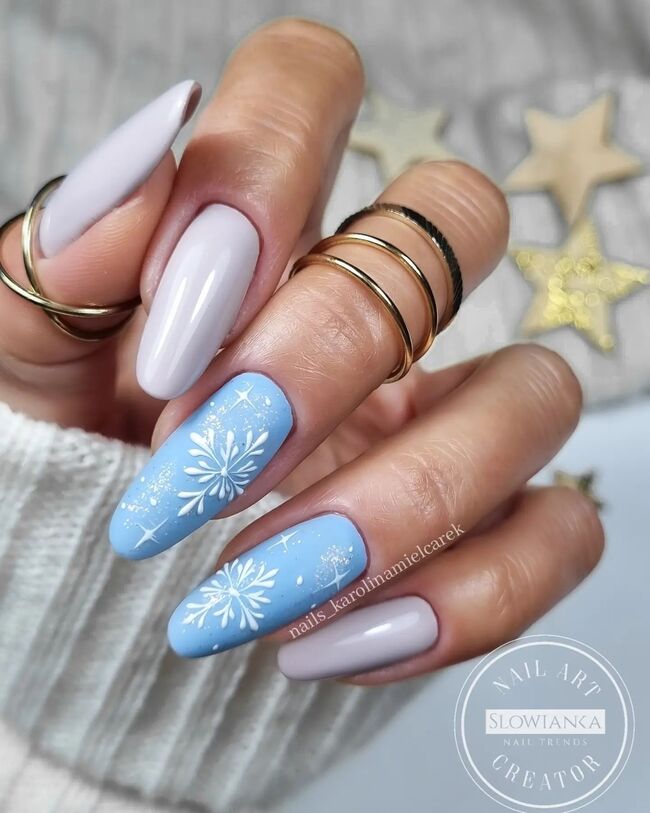 Light Blue and Grey Glossy Snowflake Nails — Winter Blue Nails
