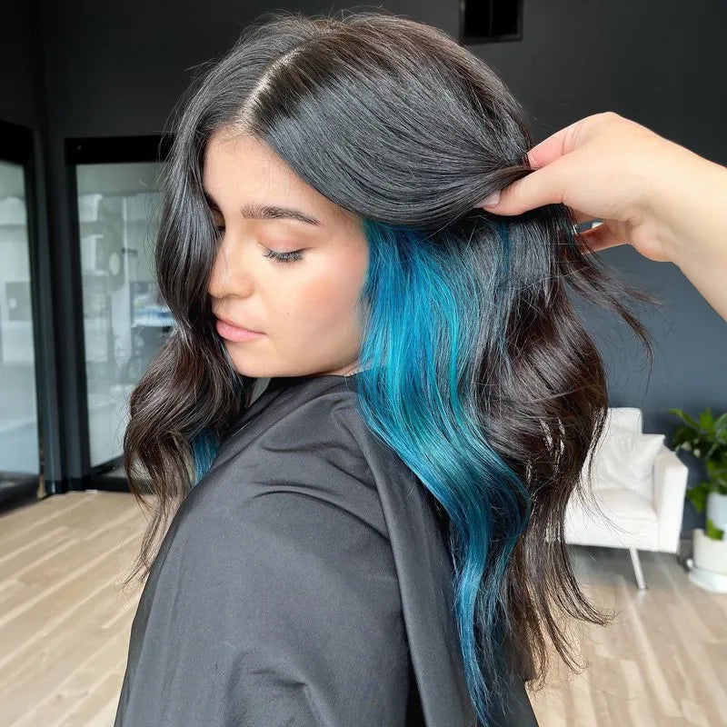 Dark Brown With Blue Peek-a-Boo Highlights — Winter Hair Colors for Plus Size Women