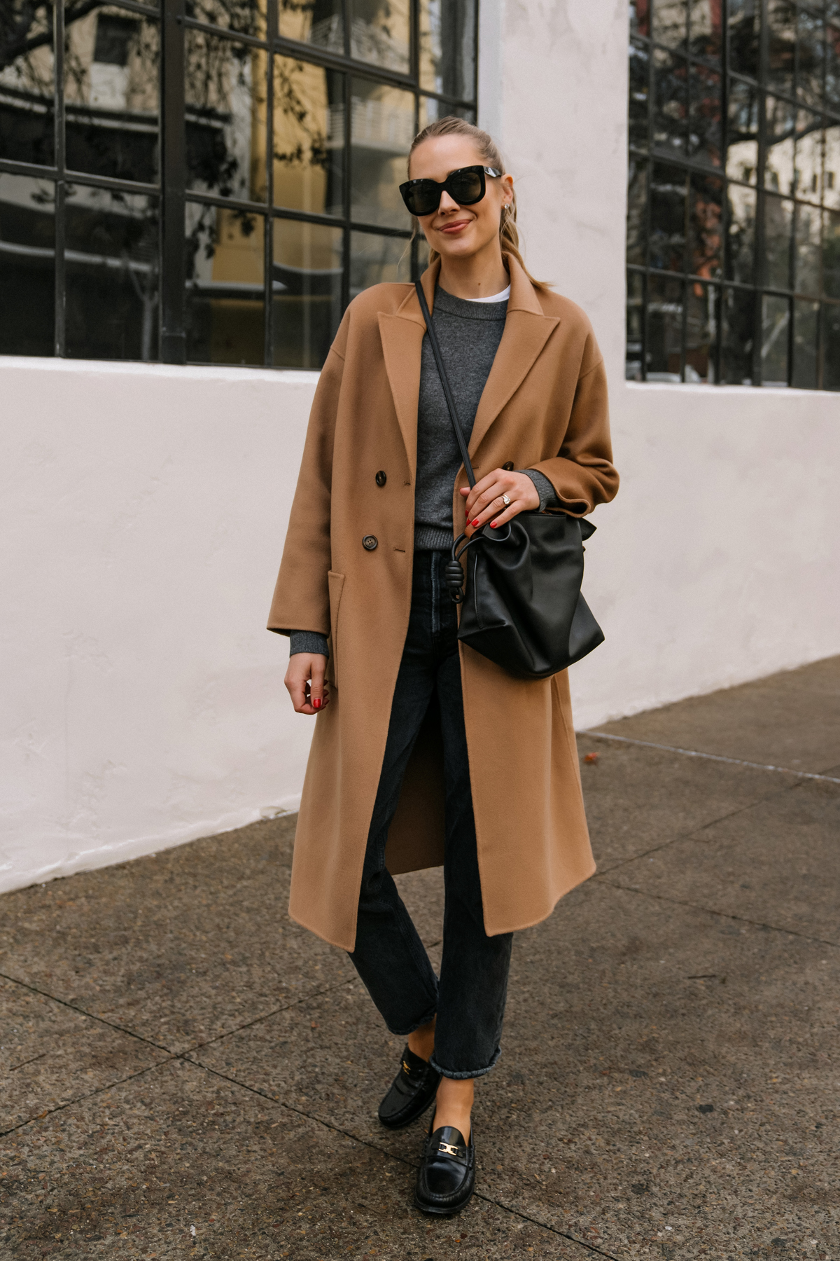 Camel Double-Breasted Coat with Grey Sweater and Loafers Camel Double-Breasted Coat with Grey Sweater and Loafers — Camel Coat Outfits