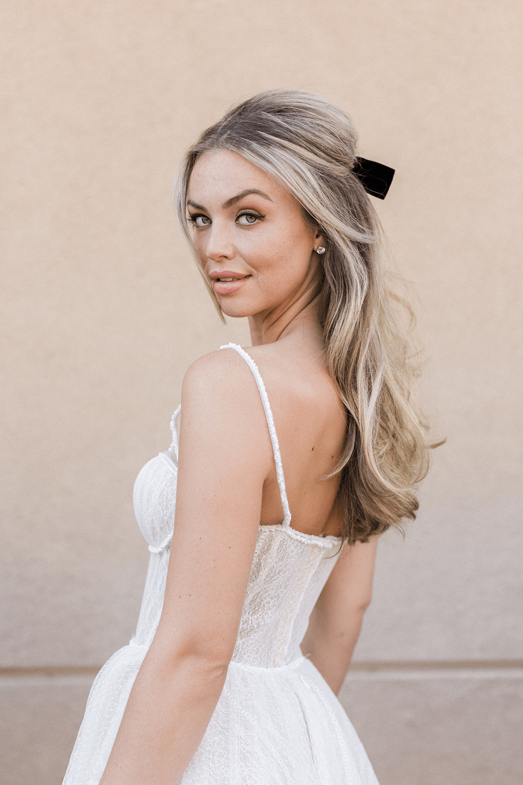 Blonde Collarbone Velvet Bow — Winter Half Up Half Down Hairstyles