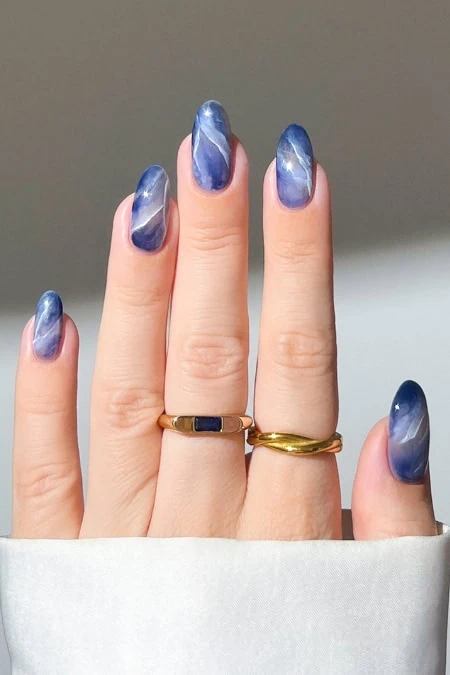 Deep Blue Grey Marble with Glitter — Winter Marble Nails