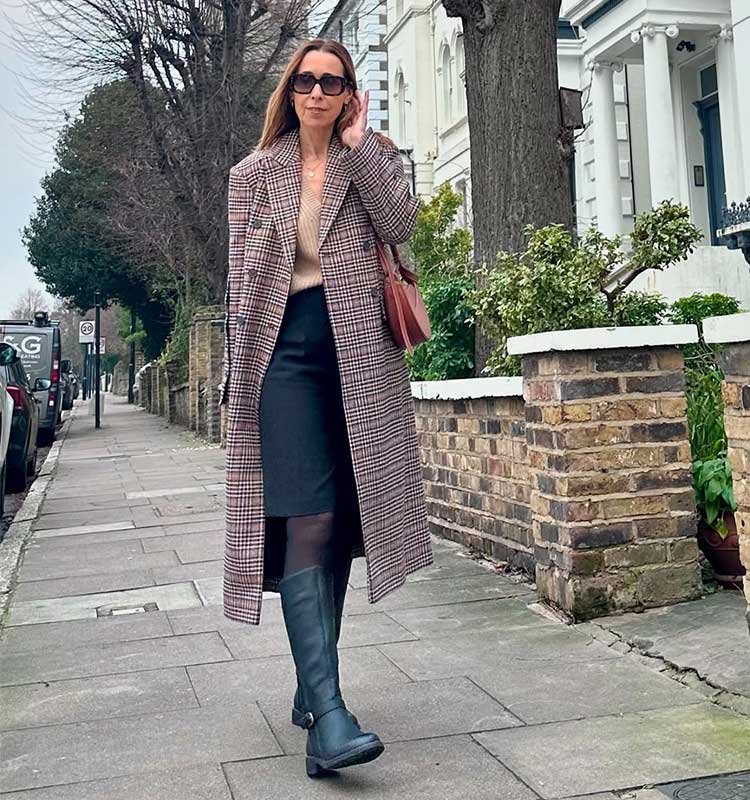 Plaid Wool Coat with Pencil Skirt and Boots — Wool Coat Outfits