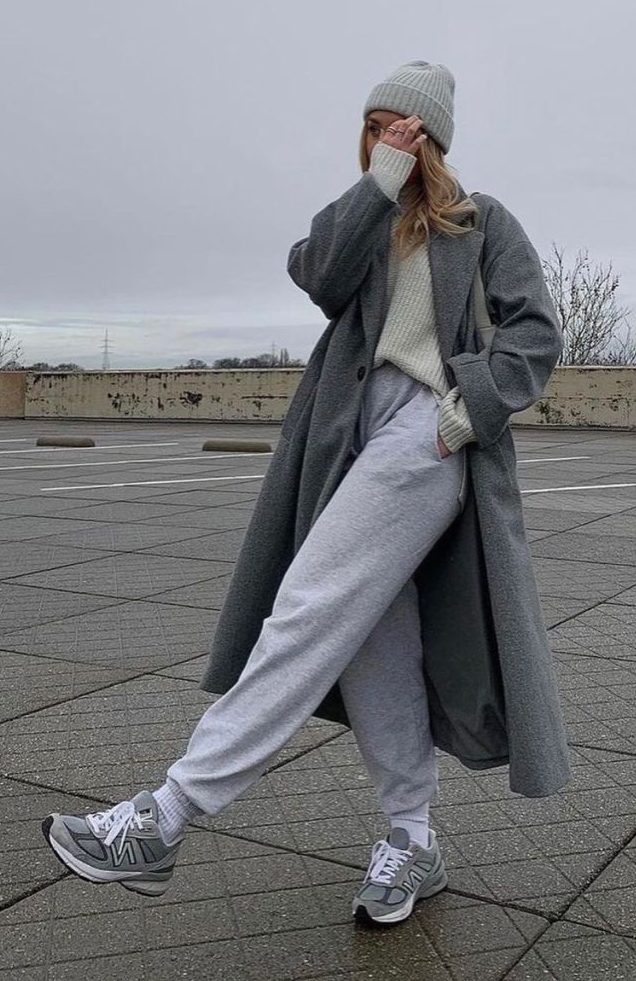 Monochromatic Mood: Grey Sweatpants with Grey Coat and Beanie — Sweatpants Outfits