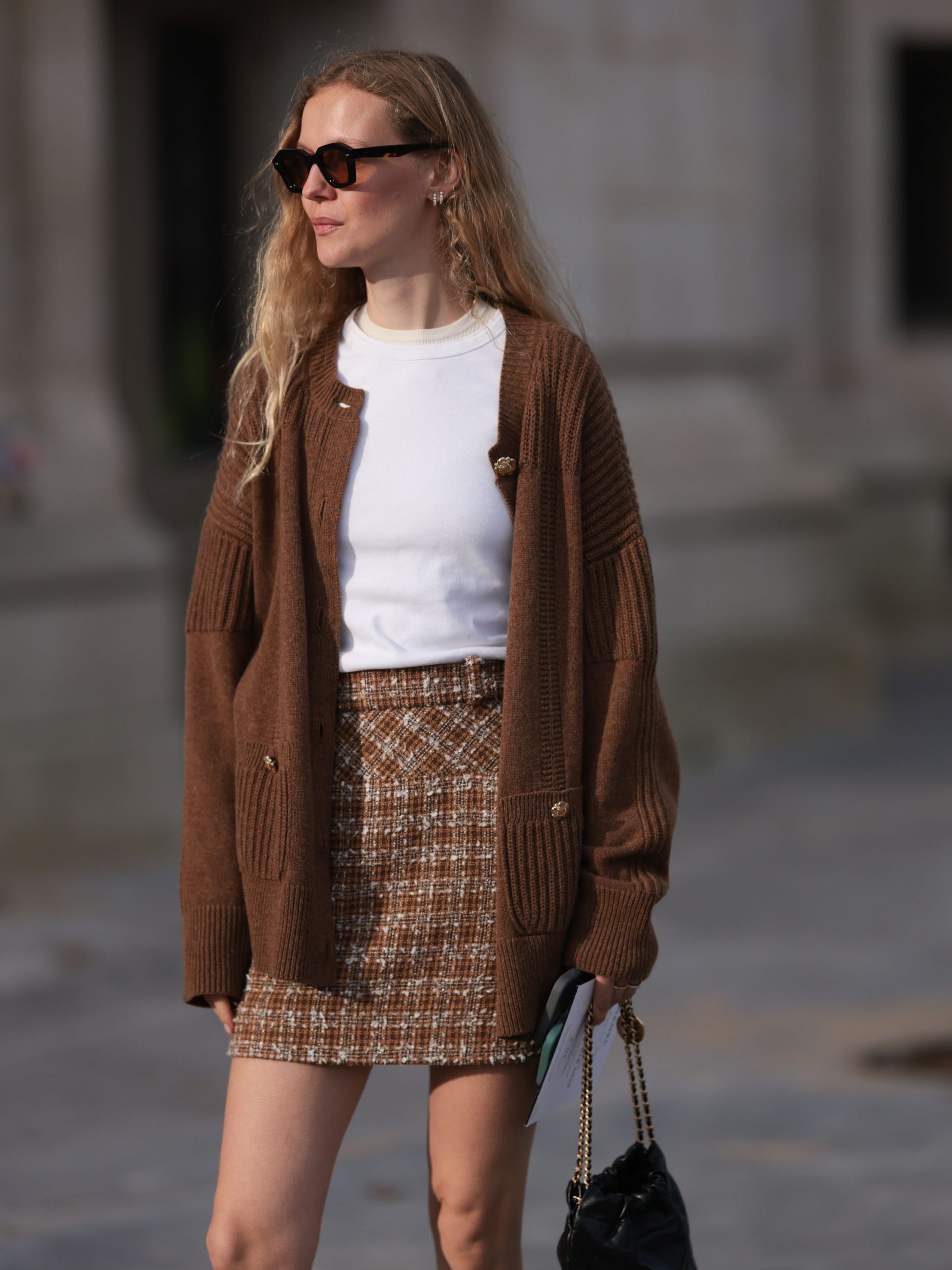 Cohesive Ensemble: Brown Cardigan with Tweed Mini Skirt Cohesive Ensemble: Brown Cardigan with Tweed Mini Skirt — Cardigan Outfits