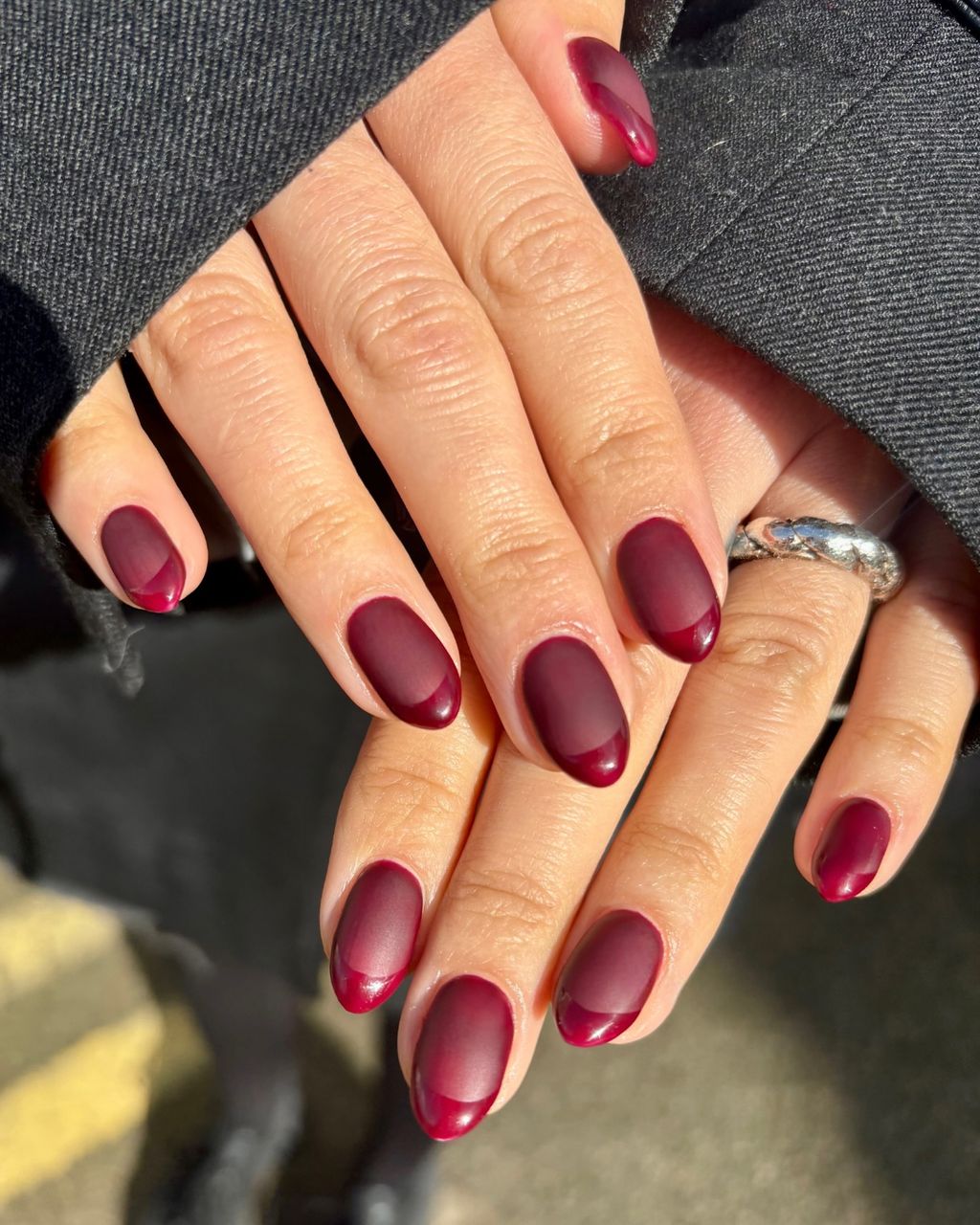Matte Burgundy with Glossy Red French Tip Matte Burgundy with Glossy Red French Tip — Winter Nail Colors for Dark Skin
