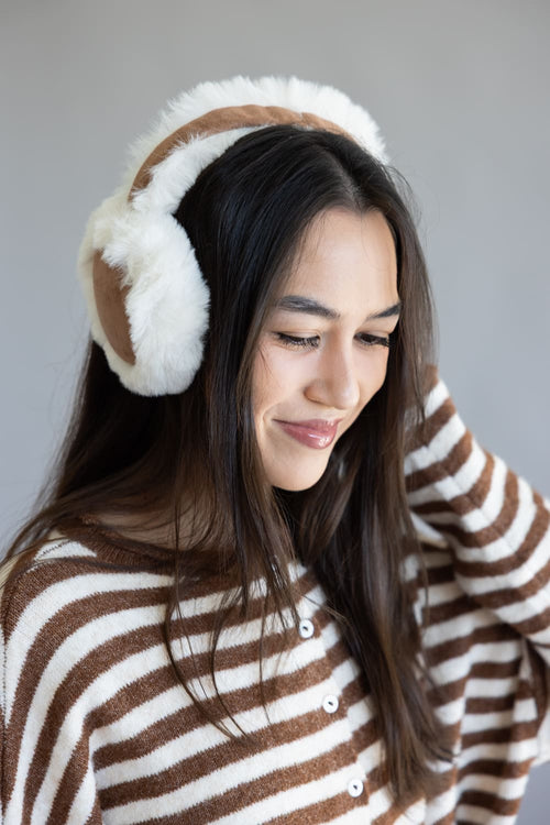 Striped Knit and Suede Accent Earmuffs — Earmuffs Outfits
