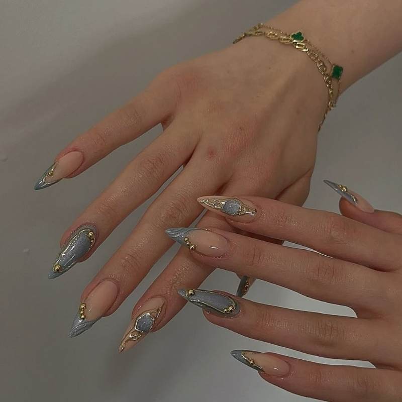 Nude Base With Grey And Gold Accents Visual Idea Nude Base With Grey And Gold Accents Visual Idea — Long Winter Nails