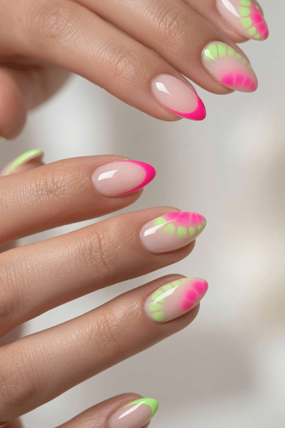 Neon Pink Green Gradient Floral Almond Nails Neon Pink Green Gradient Floral Almond Nails — Almond Nail Designs