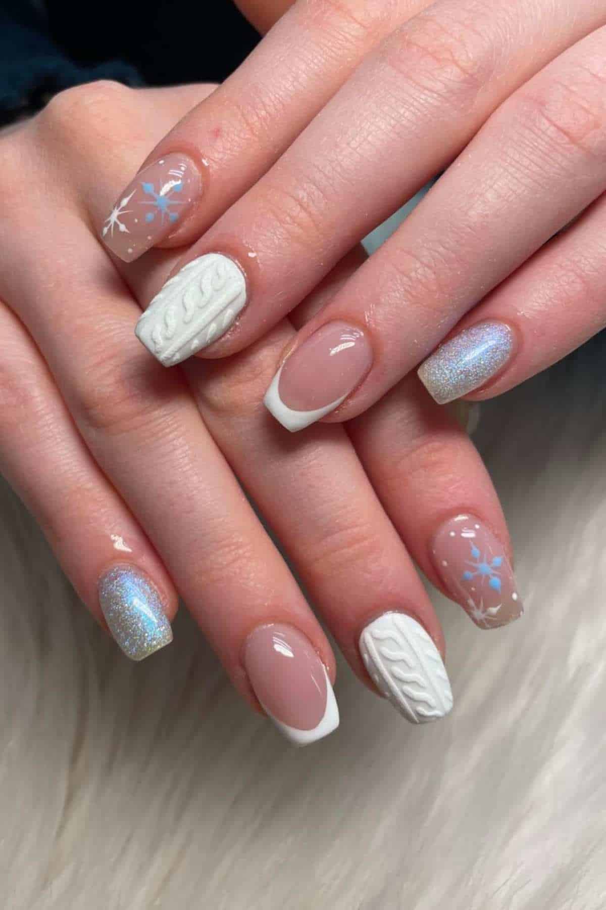 Textured White Cable-Knit Coffin Nails — Winter Nails