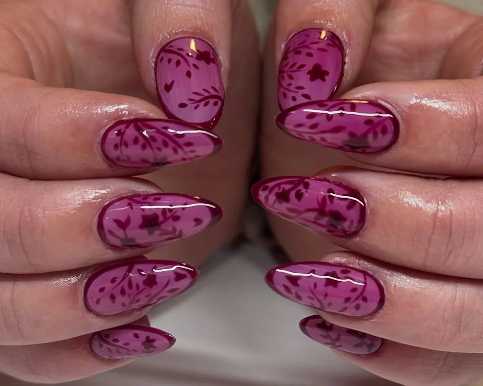 Deep Berry Floral Vine Nails Deep Berry Floral Vine Nails — Winter Nail Designs