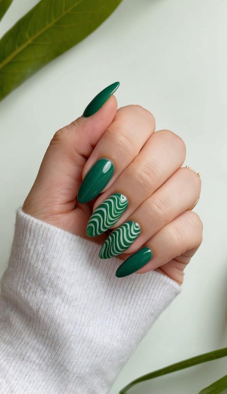 Vibrant Deep Green with Swirl Illusion — Winter Green Nails