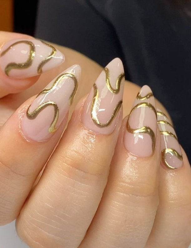 Gold Wavy Lines on Sheer Nude — Chrome Nail Designs